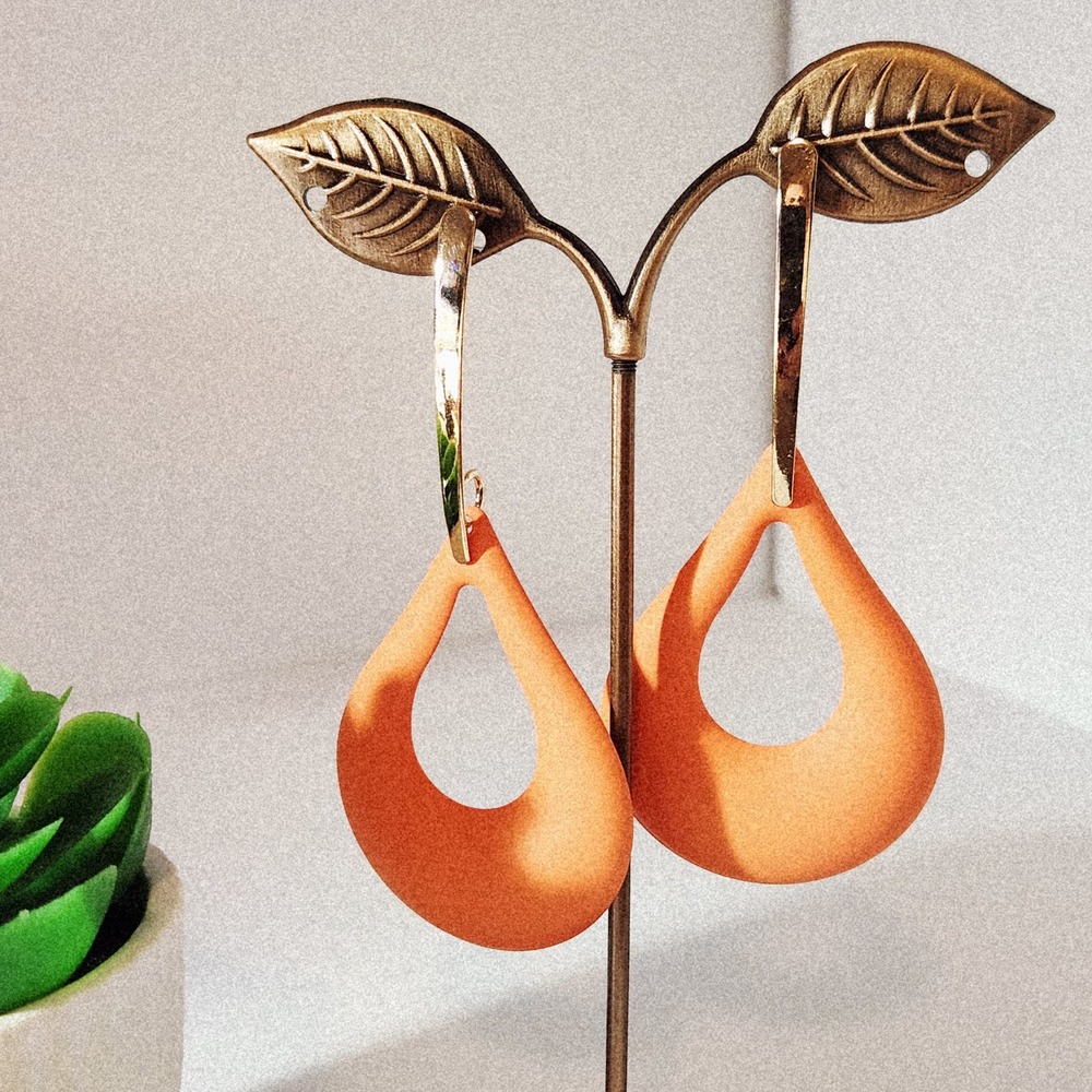 Orange Teardrop Dangle Earrings Gold Tone Matte Resin Statement Geometric Modern